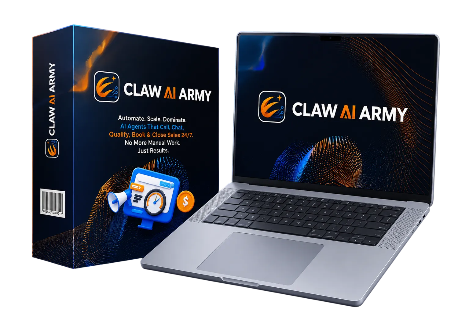 Claw AI Army software product mockup on laptop and product box